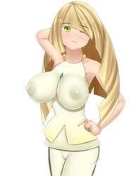 1girls aether_foundation areolae arm_behind_head arm_up armpits bare_shoulders big_breasts blonde_hair blush breasts cameltoe clothed erect_nipples female game_freak green_eyes hand_on_hip human jellyfish_(artist) long_hair looking_at_viewer lusamine_(pokemon) nintendo nipples pokemon pokemon_sm pussy smile solo standing transparent_background wink