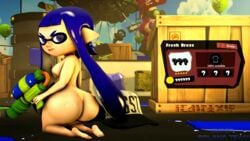 3d anthro ass barefoot big_ass blue_eyes blue_hair breasts bubble_butt cephalopod cephalopod_humanoid female huge_ass humanoid inkling inkling_girl looking_at_viewer looking_back mask_(marking) nintendo nipples octarian pointy_ears sideboob solo splatoon splattershot squid superstreamteam tentacle tentacle_hair