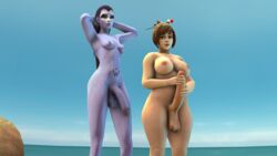 2futas 3d balls beach big_balls big_breasts big_penis big_thighs breast_size_difference breasts brown_eyes brown_hair chubby curvy derpsycho333 dickgirl erection futa_focus futa_only futa_with_futa futanari hair_ornament huge_cock intersex looking_at_viewer medium_breasts mei_(overwatch) nipples nude overwatch penis penis_size_difference purple_hair purple_penis purple_skin size_difference small_breasts source_filmmaker standing tattoo testicles thick_thighs wide_hips widowmaker yellow_eyes