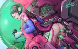 1girls anal anal_penetration ass ass_cutout brown_eyes brown_hair clothing cockpit covered_nipples cross_section d.va facial_mark female female_only fucking_machine gorgeous_mushroom green_cum headphones highres human human_penetrated long_hair looking_back mecha meka overwatch pale_skin parted_lips robot robot_on_human robot_penis sex_machine skin_tight solo straddling vaginal vaginal_penetration