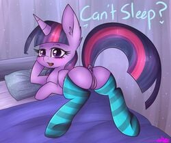 2016 alicorn anus ashee_cakes ass bed blush clothing english_text equine feathered_wings feathers female feral friendship_is_magic fur hair horn legwear looking_at_viewer looking_back lying mammal multicolored_hair my_little_pony on_bed pillow presenting purple_eyes purple_feathers purple_fur purple_hair pussy socks solo text twilight_sparkle_(mlp) wings