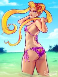 beach bikini bishoujo_senshi_sailor_moon double_bun female female_only flower flower_in_hair foxilumi hair_bun looking_back small_breasts solo swimsuit usagi_tsukino water