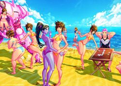 2d 2d_(artwork) 9girls asian asian_female beach bikini d.va eyewear female female_only glasses horseplay indian indian_female light-skinned_female light_skin mecha mei_(overwatch) meka multiple_girls ocean overwatch purple-skinned_female purple_skin sky symmetra tracer voluptuous voluptuous_female wardrobe_malfunction widowmaker xdtopsu01 zarya