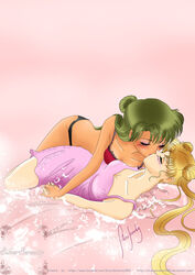 2girls bed bishoujo_senshi_sailor_moon blush bra female female_only kissing lingerie nightgown panties setsuna_meiou silverserenity1983 small_breasts tagme usagi_tsukino yuri