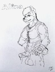 alina_(thepainfultruth) anthro balls biker breasts clothing facial_piercing futanari gloves hackles herm hyena intersex jewelry male_only mammal necklace nose_piercing nose_ring penis piercing pointing smile smirk thepainfultruth traditional_media_(artwork)