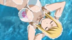 2girls animated anime_screencap armpits arms_behind_head bikini blonde_hair blush breasts cana_alberona closed_eyes fairy_tail female female_only large_breasts lucy_heartfilia multiple_girls official_copyright open_mouth panties shiny_skin smile stomach water white_bikini white_panties