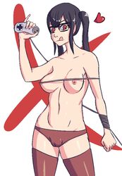 1girls aliasing areola black_hair breasts cameltoe controller female glasses heart licking_lips naughty_face navel nipples original panties red_eyes red_panties simple_background solo standing super_nintendo thighhighs tied_hair tongue tongue_out topless twintails underwear