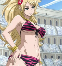 1girls bikini blonde_hair blue_eyes bracelet breasts colosseum earrings fairy_tail female female_only hand_on_hip jenny_realight jewelry large_breasts long_hair looking_away navel necklace pointy_chin screencap shiny_skin smile solo standing stomach very_long_hair