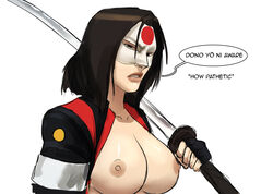 1girls black_hair blank_background boobs breast_outside breasts dc dc_extended_universe dialogue english_text female female_only jacket katana katana_(dc) large_breasts lips looking_at_viewer mask naavs nipples outsiders short_hair simple_background solo suicide_squad tagme tatsu_yamashiro text tits white_background