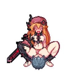 1boy animated another_story_of_fallen_maidens:_fallen_hero_and_the_magic_sword_of_truth armor artist_request assertive barefoot black_hair bouncing_breasts breasts clothed_female_nude_male cowgirl_position cunnilingus demon demon_girl facesitting female femdom game_cg grinding hat heterochromia long_hair male monster_girl open_mouth orange_hair panties pixel_art short_hair sword transparent_background weapon wings