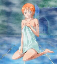 1girls adult_swim bare_legs bare_shoulders barefoot bath blush breasts brown_eyes embarrassed_nude_female enf feet female female_only large_breasts legs looking_at_viewer nami one_piece orange_hair shiny_skin short_hair shoulders sitting solo sweat tattoo thriller_bark toonami towel wet