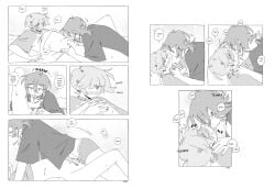 2boys after_fellatio after_oral ahoge arched_back bed bed_sheet between_legs blonde_hair blush blushing_profusely bottomless brown_hair bulge closed_eyes comic cum cum_drip cum_in_mouth cum_on_body cum_on_face cum_on_stomach dialogue ear_blush ear_piercing earrings english_text erection erection_under_clothes eyebrows_visible_through_hair french_kiss frottage full-face_blush functionally_nude greyscale hair_ornament hair_over_one_eye hairclip hand_on_another's_face hand_on_another's_head hand_on_another's_stomach happy_trail heart imminent_kiss juliegg kissing kissing_belly kouta_(juliegg) licking_belly licking_cum looking_at_another looking_at_partner looking_pleasured lying lying_on_back lying_on_bed male male_nipples male_pubic_hair moaning mole mole_under_eye mole_under_mouth monochrome motion_lines muffled nipples one_eye_obstructed original partially_clothed penis pubic_hair pubic_hair_peek ring romantic romantic_couple rui_(juliegg) saliva saliva_on_penis screentone sheet_grab side_view slight_blush smile sound_effects speech_bubble spoken_heart sweat tied_hair ting underwear unseen_male_face white_background wholesome wiping_mouth yaoi