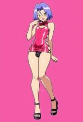 1boy 1femboy ai_generated blue_hair blush bulge censored censored_penis crossdressing femboy femboy_focus femboy_only femboysub feminine_faced_male feminine_male green_eyes james_(pokemon) male male_only otoko_no_ko otokonoko panty_bulge pokemon pokemon_anime team_rocket twink
