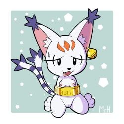 1:1 2_tails :3 :3d :d accessory bandai_namco bell bodily_fluids digimon digimon_(species) ear_piercing eyelashes felid female fur gatomon gatomon_x hi_res jewelry mammal markings mr_harinezumi multi_tail nervous nervous_smile nervous_sweat open_mouth piercing ring smile solo stuck sweat tail white_body white_fur x-digimon