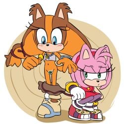2girls amy_rose bandeau bare_legs bent_over bisonvega blue_eyes blush bottomless bracelet brown_fur brown_hair censored clothes_pull collar dress female gloves green_eyes groin hairband half-closed_eyes jewelry leaf legs legwear looking_down medium_hair multiple_girls no_panties orange_fur orange_hair pink_fur pink_hair purple_legwear red_dress sega shoes skirt skirt_down skirt_pull sneakers socks sonic_(series) sonic_boom sonic_boom_(series) sonic_the_hedgehog_(series) sticks_the_badger strapless tail teenage teenage_girl teenager tubetop twintails