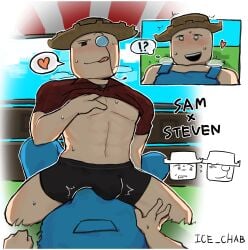 2boys artist_name black_pants gay grow_a_garden ice_chab roblox roblox_game robloxian sam_(grow_a_garden) self_upload steven_(grow_a_garden) tagme