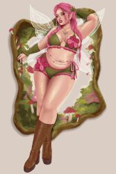 big_breasts body_glitter breasts chubby chubby_female clothed clothed_female curvaceous curvy curvy_female curvy_figure elf_ears fairy fairy_wings female fully_clothed glistening_body goonfairy hazel_eyes non-human pink_hair plump plus_size sexy_pose thick_thighs wings yellow_eyes