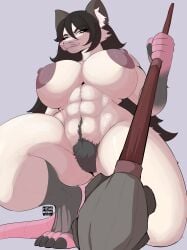 abs absurd_res american_opossum anthro areola big_areola big_breasts breasts claws dark_nipples female hair hexagooba hi_res long_hair low-angle_view mammal marsupial melee_weapon polearm prehensile_tail pubes solo spear tail thick_thighs toe_claws venny_nykopp weapon whiskers