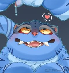 2025 96panda anthro balls blue_body blue_fur blush bodily_fluids cum derpy_(kpopdemonhunters) felid fur genital_fluids genitals heart_symbol hi_res kemono kpop_demon_hunters male mammal open_mouth pantherine penis solo tiger
