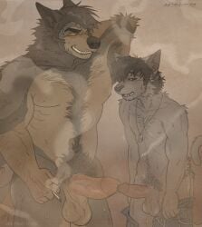 anthro astrayd0g balls bodily_fluids body_hair canid canine canis doggone_(astrayd0g) duo felid feline genitals hi_res humanoid_genitalia humanoid_penis male male/male mammal musk mythological_canine mythological_creature mythology nude penis pubes size_difference smoke steam sweat werecanid werecanine werecreature werewolf wolf