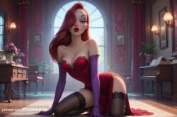 1girls ai_generated all_fours artist_name bare_shoulders black_thighhighs book breasts cleavage collarbone curtains dress elbow_gloves eyeshadow flower freckles gloves green_eyes hair_over_one_eye hi_res indoors jessica_rabbit kneeling lamp lipstick long_hair looking_at_viewer makeup medium_breasts open_mouth patreon_username plant progenarts purple_gloves red_dress red_hair red_lips side_slit solo strapless strapless_dress table teeth thighhighs watermark web_address who_framed_roger_rabbit window wooden_floor