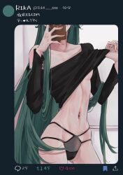 black_shirt breasts female green_hair lifting_shirt mtkpasta navel navel_piercing phone pokemon rika_(pokemon) selfie small_breasts thin thong underboob underwear