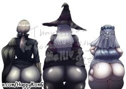 3girls ass_focus back_view blonde_hair clothed clothed_female clothing doll_girl doll_joints duchess_(nightreign) elden_ring elden_ring_nightreign female female_only fromsoftware happykon huge_ass large_ass rear_view recluse_(nightreign) revenant_(nightreign) size_difference trio white_hair witch witch_hat
