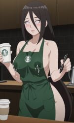 1girls ai_generated apron apron_only at_work bare_chest bare_shoulders bare_thighs barely_clothed barista big_breasts blush boruto:_naruto_next_generations breasts breasts_bigger_than_head breasts_out brown_hair cafeteria child_bearing_hips coffee coffee_cup facing_viewer female female_only front_view functionally_nude functionally_nude_female green_apron hair_between_eyes horny horny_female hourglass_figure huge_breasts hyuuga_hanabi iced_latte_with_breast_milk indoors keoenl lactation light-skinned_female light_skin long_hair looking_at_viewer low_ponytail mature mature_female meme milf naked_apron naruto naruto_(series) nipples partially_clothed partially_clothed_female pen pinup ponytail sagging_breasts slim_waist starbucks thick_thighs thighs tied_hair unprofessional_behavior upper_body very_long_hair voluptuous watermark white_eyes wide_hips