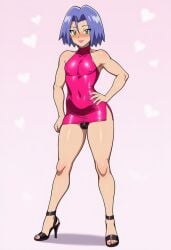 1boy 1femboy ai_generated blue_hair blush bulge censored censored_penis crossdressing femboy femboy_focus femboy_only femboysub feminine_faced_male feminine_male green_eyes james_(pokemon) male male_only otoko_no_ko otokonoko panty_bulge pokemon pokemon_anime team_rocket twink