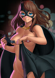 1girls areolae bandaid bandaids_on_nipples barbara_gordon batarang batgirl batman_(series) blue_eyes breasts brown_hair cape convenient_censoring dc dc_comics female female_only highres human lasterk long_hair looking_at_viewer mask medium_breasts navel nipples nude pasties smile solo standing