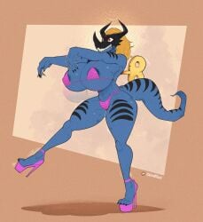 2023 absurd_res ankle_strap_heels anthro areola bandai_namco big_breasts bikini black_stripes blonde_hair blue_body bodily_fluids bouncing_breasts breast_implants breasts camel_toe clothing darkhatboy digimon digimon_(species) drooling eva_khelifi female footwear greymon hair hi_res high_heels huge_breasts hypnosis mind_control multicolored_body nipple_outline pink_bikini pink_clothing pink_footwear pink_high_heels pink_swimwear platform_footwear platform_heels red_eyes saliva sharp_teeth shoes solo striped_body stripes swimwear tail teeth thick_thighs two-piece_swimsuit two_tone_body walking wind-up_key zombie_walk