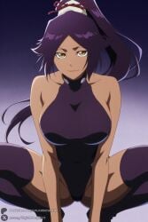 1female 1girl 1girls 2026 ai_generated artist_name bangs bare_shoulders big_ass big_breasts black_leotard black_thighhighs bleach bleach:_the_thousand-year_blood_war breasts closed_mouth collarbone covered_collarbone covered_navel curvy dark-skinned_female dark_skin gradient gradient_background hi_res high_quality high_resolution highleg highleg_leotard highres huge_ass huge_breasts large_breasts leotard long_hair looking_at_viewer parted_bangs patreon patreon_username ponytail purple_hair shihouin_yoruichi smile solo spread_legs squatting thighhighs thighs unjobdespiert watermark yellow_eyes yoruichi_shihouin