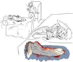 ambiguous_gender anthro blade blood bodily_fluids boxcutter canid canine canis curled_up cutting cutting_self ddegenerate dripping_blood duo excessive_scars fat_tissue fetal_pose frail gore hare hi_res lagomorph laid_down leporid lying mammal mental_breakdown mental_health mental_illness on_side razor_blade scar scars_all_over self-harm sketch_page tears vent_art wolf worried_for_other wounded