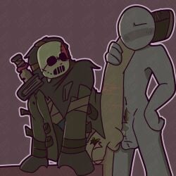 2boys anal anal_sex anal_sex blush blush duo facewear forsaken_(roblox) gay grey_body grey_skin leg_lift leg_over_shoulder leg_up lemon_dont_draw mask pubic_hair roblox slasher_(forsaken)