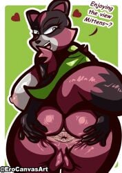 absurd_res anthro anus ascot ass backsack balls bedroom_eyes big_butt black_body black_ears black_fur black_tail blue_eyes breasts cabimangaka canid canine cape cartoon_network clothing dialogue erocanvasart fur genitals glistening glistening_body glistening_breasts glistening_butt green_cape green_clothing gynomorph half-closed_eyes hand_on_ass hand_on_butt heart_symbol hi_res intersex looking_at_viewer looking_back mammal mao_mao:_heroes_of_pure_heart multicolored_body multicolored_fur narrowed_eyes nipples pink_body pink_fur pink_nipples pink_tail presenting presenting_hindquarters raccoon_dog seductive shaded signature smile solo spread_anus spread_ass spread_butt spreading tail talking_to_viewer tanuki tanya_keys teeth thick_thighs two_tone_tail white_body white_fur wide_hips