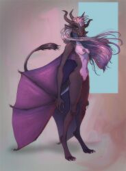 anthro areola black_body breasts claws digital_media_(artwork) digitigrade dragon dragon_tail feet female genitals hair horn lethal_doors lilac_(bahumot) long_hair looking_at_viewer membrane_(anatomy) membranous_wings mythological_creature mythological_scalie mythology nipples nude nude_anthro nude_female purple_body purple_hair pussy scalie simple_background smile solo tail tail_tuft toes tuft vulva winged_arms wings
