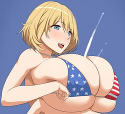 1girls american_flag american_flag_bikini bikini blonde_hair blue_background blue_eyes breasts cum ejaculation female flag_print huge_breasts kloah long_hair paizuri short_hair simple_background solo_focus swimsuit