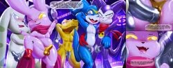 absurd_res agumon anthro anus bandai_namco blue_body blush bodily_fluids bulge clothing comic cutemon dialogues digimon digimon_(species) dirty_talk electronics english_text erection erection_under_clothing forced_in_fabric fur genitals glistening group headphones hi_res horn ichimoral imminent_sex impmon inminent_anal inviting kerchief latex long_ears male male/male musk neckerchief neckwear pecs penis penis_base pink_body purple_body saliva saliva_string scarf short_stack sweat sweaty_anus teasing terriermon text thong through_clothing underwear veemon white_body white_fur yellow_body