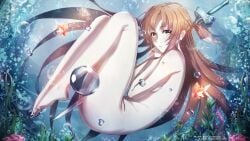 1girls 2d alluring artistic_nudity ass asukij barefoot bubble collarbone completely_nude covering_breasts covering_privates deviantart_username feet female female_focus fingernails fish from_side full_body hands_up high_res holding holding_sword holding_weapon knees_up legs long_hair looking_at_viewer matching_hair/eyes medium_breasts nature navel nude nudist ocean orange_eyes orange_hair outside parted_bangs parted_lips rapier shiny_skin shy sideboob sidelocks skinny_dipping soles solo straight_hair submerged swimming sword sword_art_online thighs toenails toes turning_head underwater unworn_clothes water weapon wet wet_hair yuuki_asuna