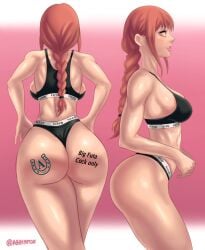1girls absurdres ass ass_focus assymptoad athletic athletic_female backboob bare_shoulders black_panties black_sports_bra braid braided_ponytail branded breasts chainsaw_man cleavage collarbone edit edited female female_only fit fit_female futa'd grin highleg highleg_panties highres light-skinned_female light_skin long_hair looking_at_viewer makima_(chainsaw_man) medium_breasts multiple_views navel panties profile queen_of_akeno red_hair ringed_eyes sideboob sidelocks simple_background smile solo sports_bra text_on_clothing thick_thighs thighs thong toned underwear white_background wide_hips yellow_eyes