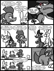 2025 2_horns amphibian anthro anthro_on_anthro balls big_balls big_penis blush breasts brother_(lore) brother_and_sister_(lore) caspar_(ultilix) chair claws cleavage clenched_teeth clothed clothing comic cross-popping_vein cute_fangs demon dialogue dragon embarrassed emerald_(ultilix) english_text erection european_mythology fangs finger_claws frog furniture genitals greyscale grin hands_together horn humanoid_genitalia humanoid_penis imminent_sex jacket lagomorph leporid male male/male mammal monochrome motion_lines mythological_creature mythological_scalie mythology onomatopoeia open_mouth penis profanity rabbit ruby_(ultilix) scalie sharp_teeth shirt sibling_(lore) side_view sister_(lore) smile sound_effects speech_bubble spot_color table teeth text to-be-named-later topwear ultilix wes_(ultilix) western_dragon