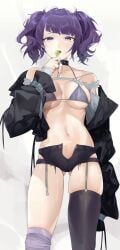 bare_belly bare_shoulders belly_button black_jacket breasts choker cleavage earrings female idolmaster idolmaster_shiny_colors jacket koyo_akio lollipop long_sleeves medium_breasts medium_hair nail_polish off_shoulder purple_eyes purple_hair purple_nails ring shiny_skin sideboob skindentation tanaka_mamimi thighhighs thighs twintails