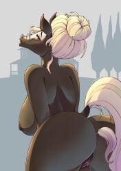 anthro areola arttukorppu ass big_butt biped black_body breasts equid equine eyelashes eyewear female genitals glasses hair hi_res horse looking_at_viewer looking_back mammal nipples nude pupils smile solo tail tail_aside thick_thighs three-quarter_view vulva