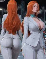 1girls ai_generated ass ass_cleavage ass_crack ass_focus beautiful big_ass big_breasts bleach bleach:_the_thousand-year_blood_war breasts business_suit business_woman butt_crack city cleavage collage cute cute_face female female_only hentai huge_breasts inoue_orihime large_breasts light-skinned_female lips massive_breasts mature_female multiple_views nice_tits office_lady original_art pants solo srodskiy standing tagme vulgar