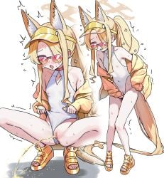 absurdres animal_ear_fluff blonde_hair blue_archive cameltoe censored clothing_aside covered_navel covered_nipples female flat_chest halo highres jacket legs long_hair mosaic_censoring off_shoulder official_alternate_costume one-piece_swimsuit peeing pink-tinted_eyewear pussy sandals seia_(blue_archive) seia_(swimsuit)_(blue_archive) shoes simple_background solo squatting swimsuit swimsuit_aside thighhighs tinted_eyewear toes trembling urine visor_cap white_background white_one-piece_swimsuit yavuravu yellow_halo yellow_jacket yellow_shoes
