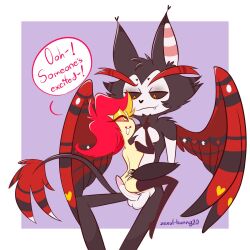 anthro ass balls black_body black_fur blush breasts cyclops demon demon_humanoid dialogue domestic_cat duo erection fangs felid feline felis female fluffy fluffy_tail fur genitals hair hazbin_hotel hellaverse hi_res humanoid humanoid_on_anthro husk_(hazbin_hotel) interspecies larger_male looking_pleasured male male/female mammal multicolored_body multicolored_fur niffty nude older_male open_mouth open_smile penis red_hair simple_background size_difference smaller_female smile starlightpearl tail teeth two_tone_body two_tone_fur white_body white_fur wings yellow_body