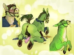 animal_genitalia anus aroused asinus ass blue_eyes bodily_fluids bridle clothing colored donkey equid equine equine_genitalia feral genitals green_body hi_res human human_to_feral jollyjersey male mammal panicking presenting presenting_hindquarters saliva solo species_transformation torn_clothing transformation