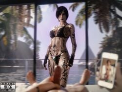 1boy 1girls 3d ada_wong bikini black_bikini full_body_tattoo gloves male_masturbation masturbation mxic6 penis resident_evil sunglasses sunglasses_on_head swimsuit tattoo