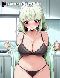 1girls 2025 ai_assisted ai_generated anime araga_kiwi artist_name big_breasts big_chest black_bra black_panties black_underwear blush bra breast breasts bust busty chest cleavage double_bun eyebrows_visible_through_hair female female_focus female_only green_hair gushing_over_magical_girls hair_bun hi_res high_quality high_resolution highres indoors lace lace-trimmed_bra lace_trim large_breasts long_hair looking_at_viewer mahou_shoujo_ni_akogarete navel off_shoulder open_clothes open_shirt panties patreon patreon_username purple_eyes skypassion solo stable_diffusion sweatdrop tile_floor tile_wall tiles underwear undressing watermark wide_hips