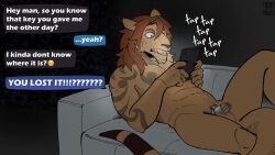 16:9 4k absurd_res anthro balls bound cellphone chastity_cage chastity_cage_only chastity_device chastity_device_only digital_media_(artwork) electronics english_text fur fur_markings furniture genitals hair hi_res holding_object kangaroo lying macropod male mammal markings marsupial muscular night nude on_back open_mouth penis phone picantetortuga simple_background smartphone sofa solo surprise surprised_expression tail text texting wearing_chastity_cage wearing_chastity_device widescreen